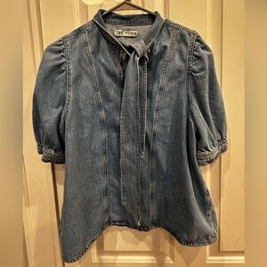 Zara Denim Top with Tie Neck